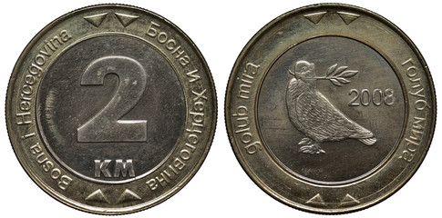 Bosnia and Herzegovina bimetallic coin 2 two convertible marks 2008, denomination within center circle, dove with sprig in beak, sign dove of peace,
