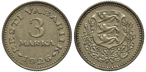 Estonia Estonian coin 3 three marka 1926, First Republic, value and date, shield with three lions flanked by oak sprigs, - obrazy, fototapety, plakaty