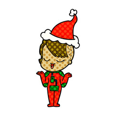 happy comic book style illustration of a girl in space suit wearing santa hat