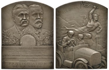 France French commemorative silver plaque 1909, subject International Conference on Car Traffic, two conjoined busts behind globe, text below, two men in car, flying Mercury with caduceus above,  