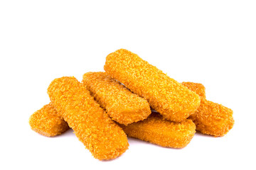 Fish fingers isolated on white background. Frozen fish sticks.