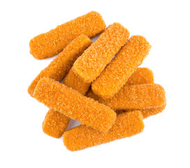 Fish fingers isolated on white background. Frozen fish sticks.