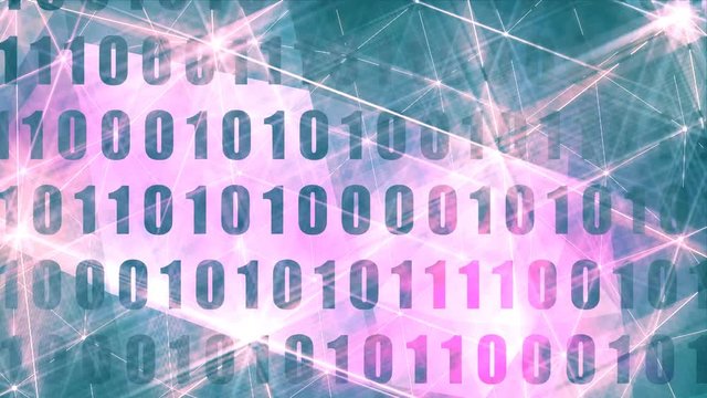 Binary code background with digits on screen. Algorithm binary, data code, decryption and encoding, row matrix. Flash lights