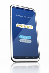 Five stars rating screen on smartphone. 3D illustration