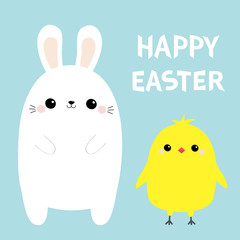 Happy Easter bunny, chicken bird set. White rabbit baby chick head face. Egg shape. Cute cartoon kawaii funny character. Farm animal. Blue pastel background. Flat design