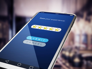 Five stars rating screen on smartphone. 3D illustration