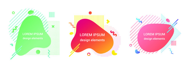 3 Modern liquid abstract element shape gradient memphis style design fluid vector colorful illustration banner set simple shape template for presentation, flyer, brochure isolated on white background.