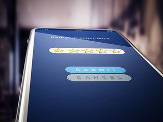 Five stars rating screen on smartphone. 3D illustration