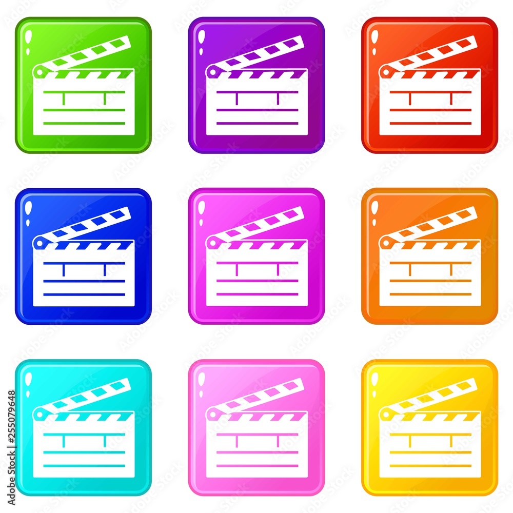 Poster clapper icons set 9 color collection isolated on white for any design