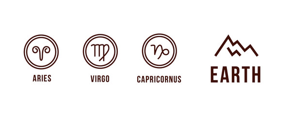 3 earth zodiac signs - aries, virgo, capricornus. Round icons. - 255079606