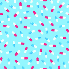 Seamless pattern with pills capsules chaotic version flat style design vector illustration isolated on light blue background. Red and blue pills backdrop seamless background template.