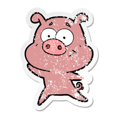 distressed sticker of a happy cartoon pig