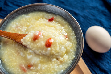 Nutritious breakfast millet porridge and eggs