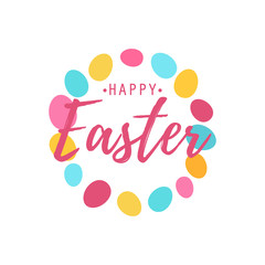 Happy Easter text as logotype with eggs background