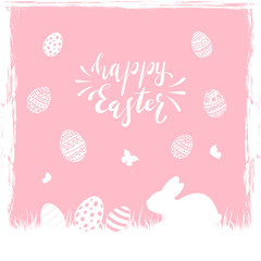 Pink Easter Background with Eggs and Rabbit