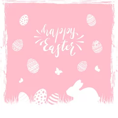 Rolgordijnen Pink Easter Background with Eggs and Rabbit © losw100