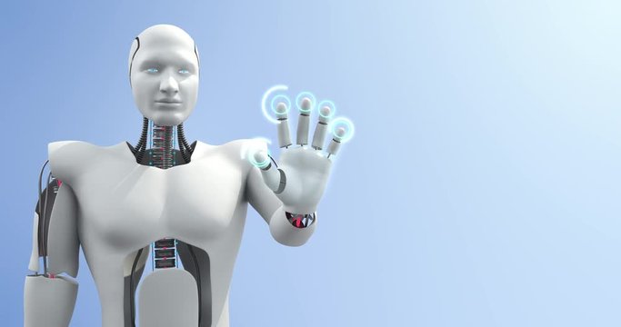 Futuristic advanced humanoid robot controlling computer. Technology related 4K computer animation. Perfect Loop.