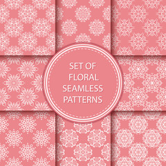 Compilation of floral patterns. White design with flowers on pale pink background