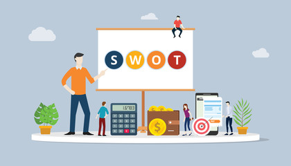 swot analysis business concept with team people working together - vector illustration