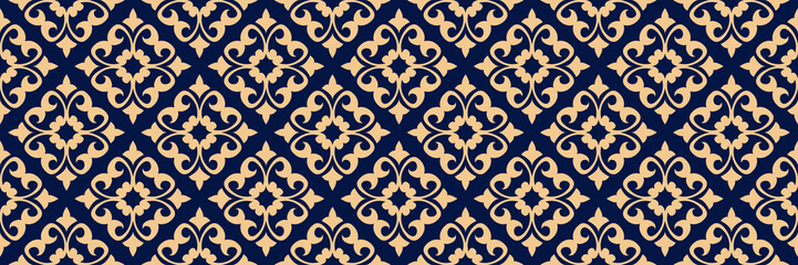 Floral print. Golden seamless pattern on dark blue background