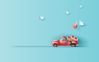 Paper art and craft of Illustration travel in holiday with red classic pickup truck car,Vintage pickup truck by Balloon gift box for pastel color background,Festival period of celebration vector.