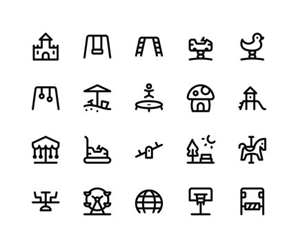 Simple Set of Playground Related Vector Line Icons. Contains such Icons castle, swing, trampoline, slide, seesaw and More. pixel perfect vector icons based on 32px grid. Editable Strokes