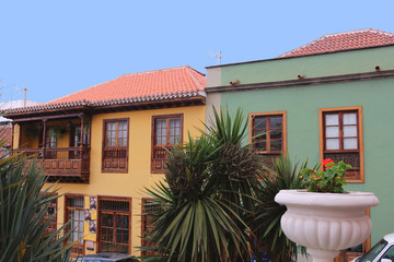 Fototapeta na wymiar Colorful traditional Canarian houses with yucca plants in front, Orotava, Tenerife
