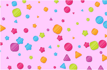 Pink background with colorful confetti. Design for kids in cartoon style.
