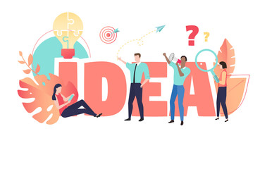 Idea, coral creative poster with people working together. Brainstorm, cooperation and teamwork.