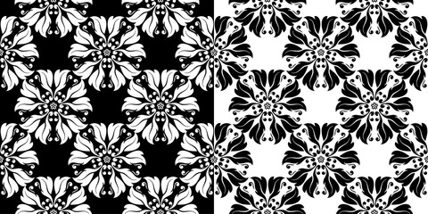 Compilation of black and white floral patterns. Set of seamless backgrounds