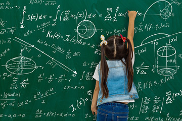 Girl against big board with formulas, back view