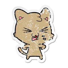 distressed sticker of a cartoon hissing cat
