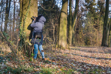 Obraz premium Girl at autumn in blue clothes exploring in the park
