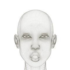 Wireframe of a girl head with a surprised expression and open mouth. Polygonal girl head isolated on white background. 3D. Vector illustration