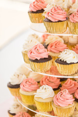 Pink and white cupcakes on a tier