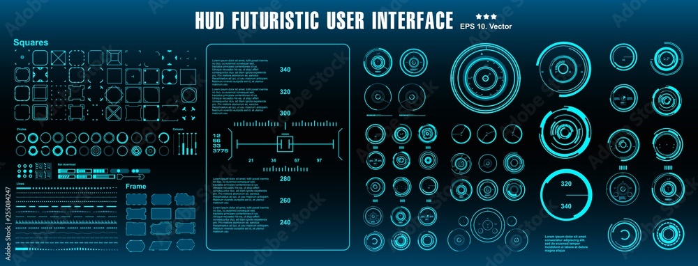 Poster hud futuristic blue user interface, target. dashboard display virtual reality technology screen