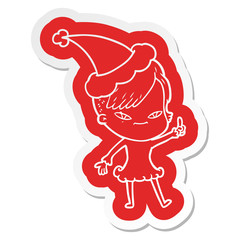 cute cartoon  sticker of a girl with hipster haircut wearing santa hat