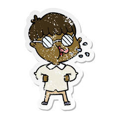 distressed sticker of a cartoon boy wearing spectacles