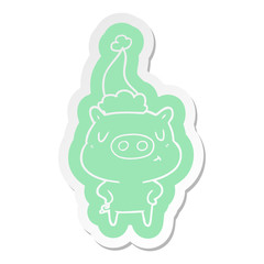 cartoon  sticker of a content pig wearing santa hat