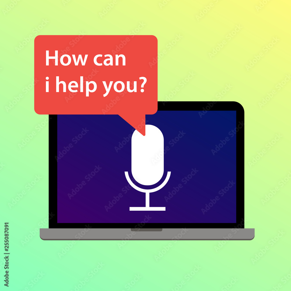 Aufkleber how can i help you? laptop speech with ai, voice assistant and microphone icon on the screen.