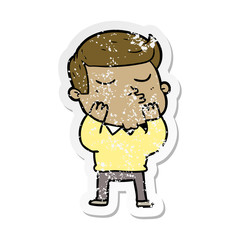 distressed sticker of a cartoon model guy pouting