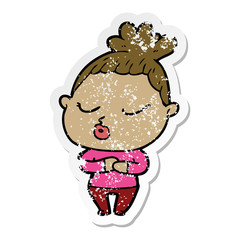 distressed sticker of a cartoon calm woman