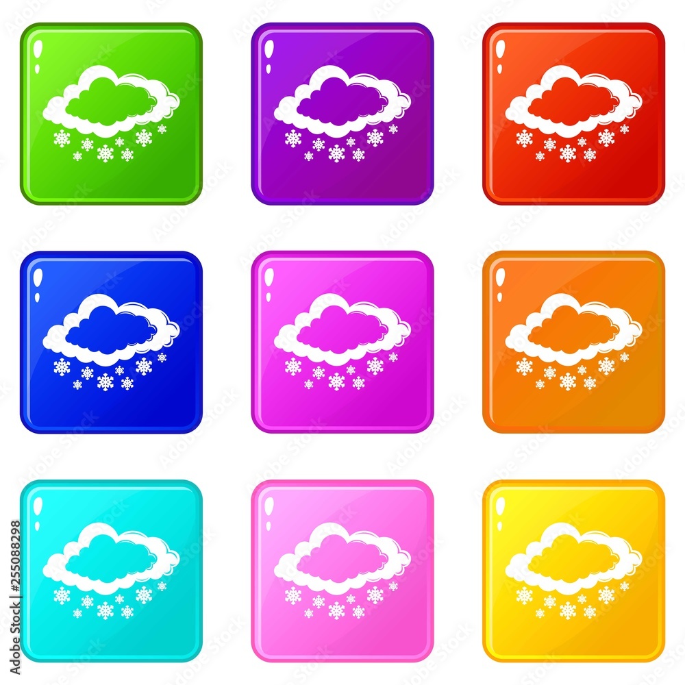 Poster cloud snowflake icons set 9 color collection isolated on white for any design