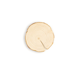 Pine tree cross-section with annual rings on white background. Lumber piece close-up shot, top view, isolated.