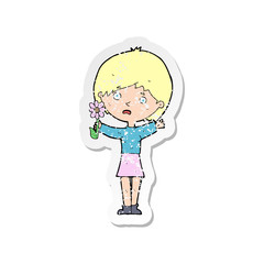 retro distressed sticker of a cartoon woman with flower