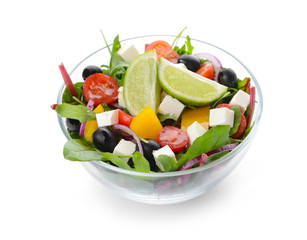 Bowl with healthy salad on white background
