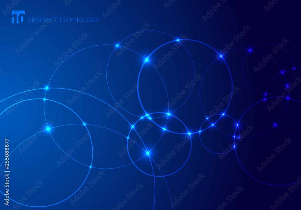 Fototapete abstract circles and dots with overlapping on blue background technology style. future concept. node