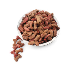 Bowl with dry pet food on white background