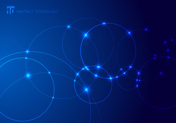 Abstract circles and dots with overlapping on blue background technology style. Future concept. Node molecule structure. Science and connection. banner web with copy space for text.