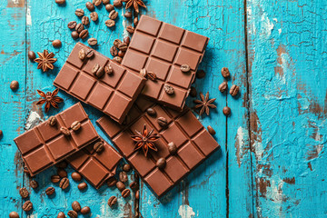 Sweet tasty chocolate on color wooden background
